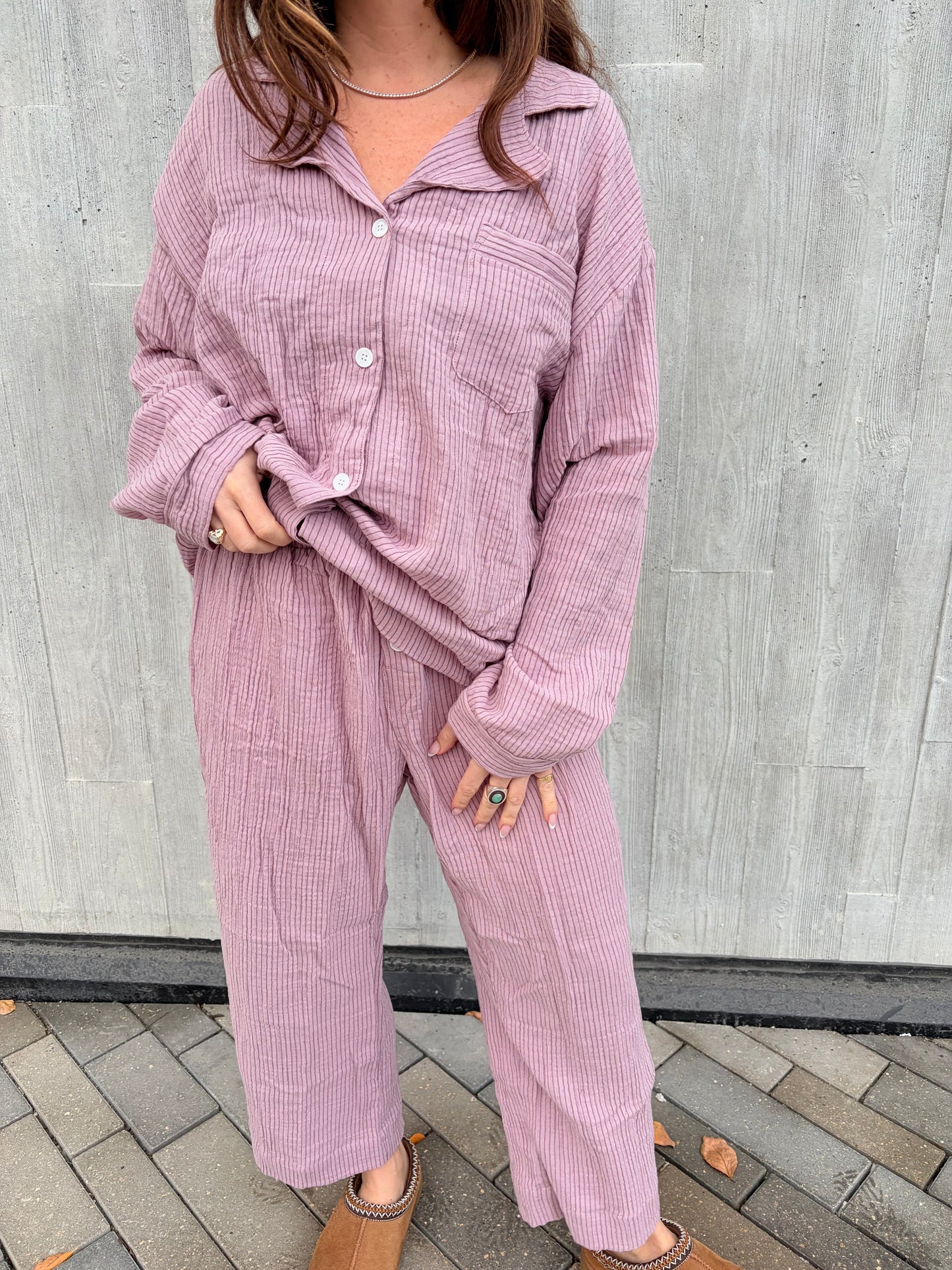 Winter Cotton Muslin PJ Set — Lilac Stripe