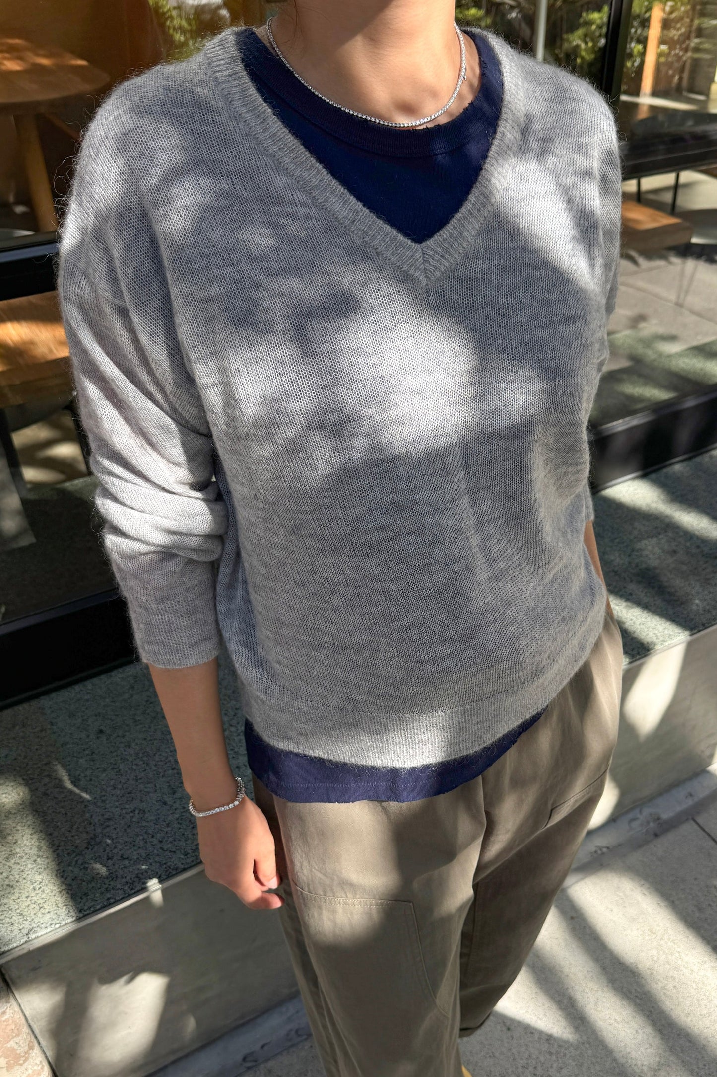 Matthew V-Neck Mohair Sweater — Icy Grey