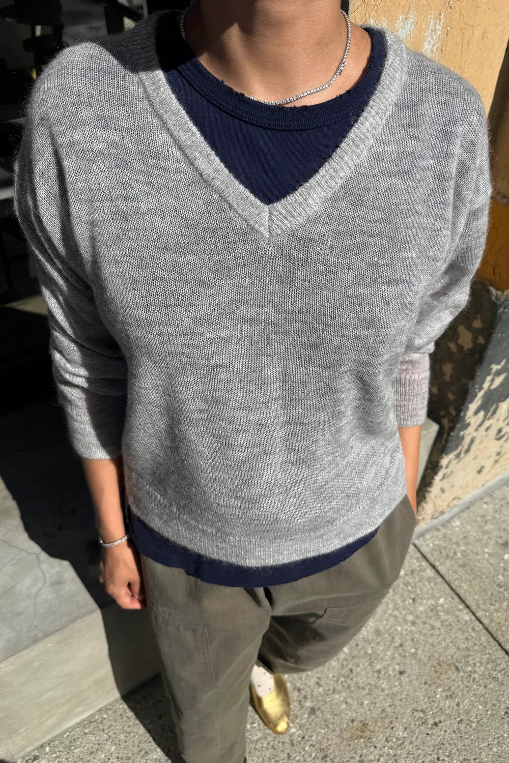 Matthew V-Neck Mohair Sweater — Icy Grey
