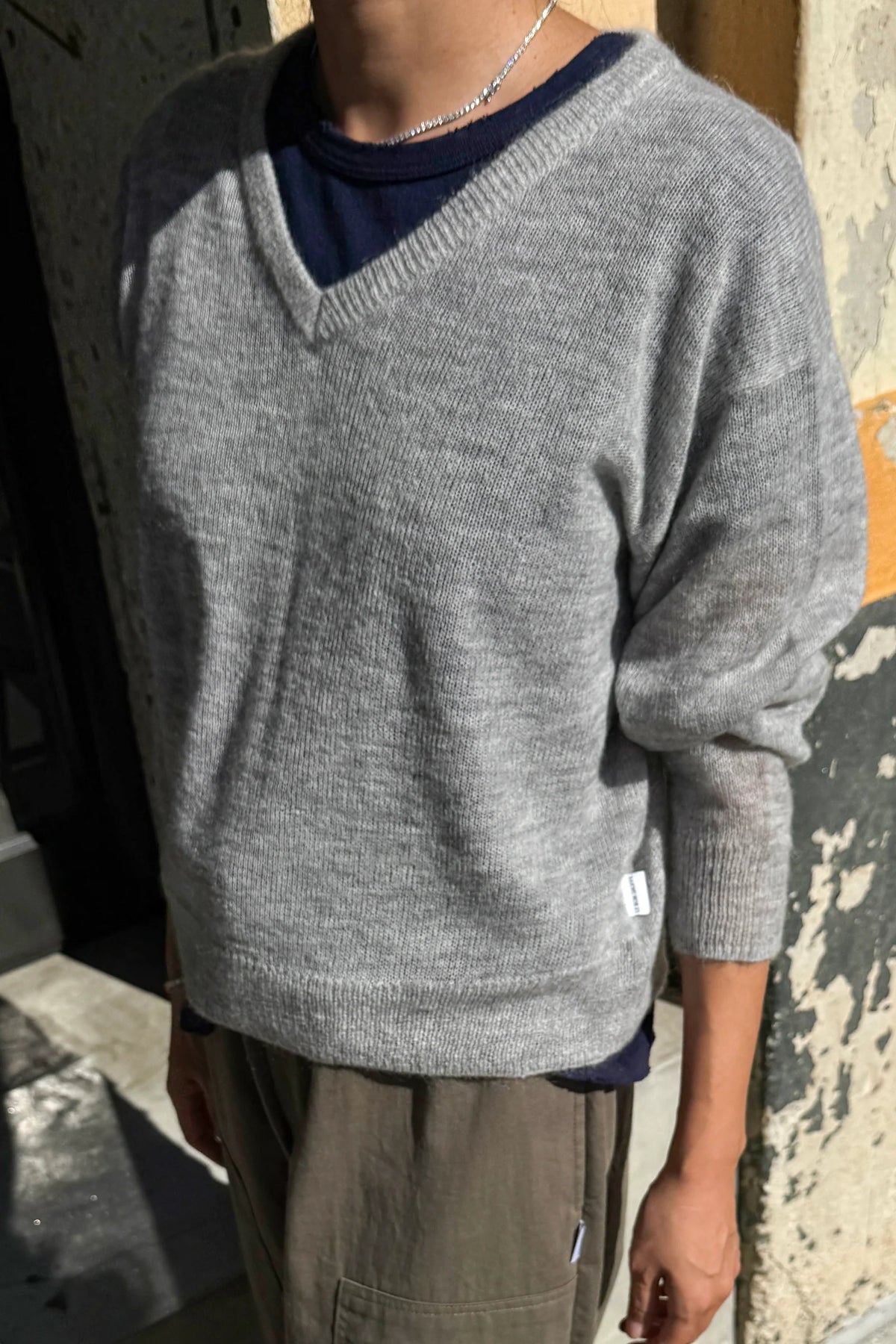 Matthew V-Neck Mohair Sweater — Icy Grey