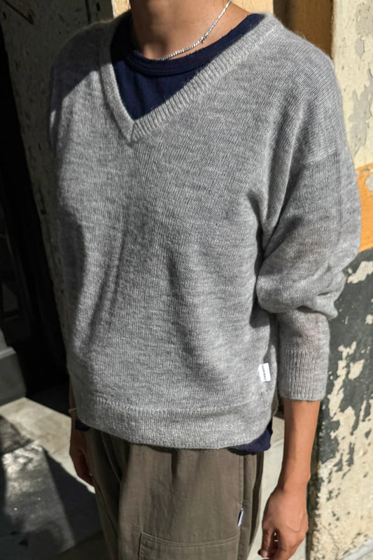 Matthew V-Neck Mohair Sweater — Icy Grey