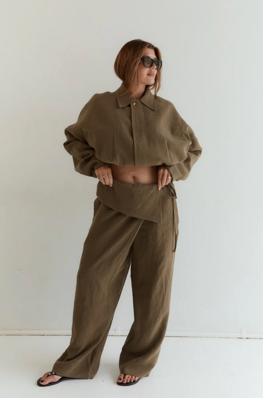 Foldover Linen Pant — Olive