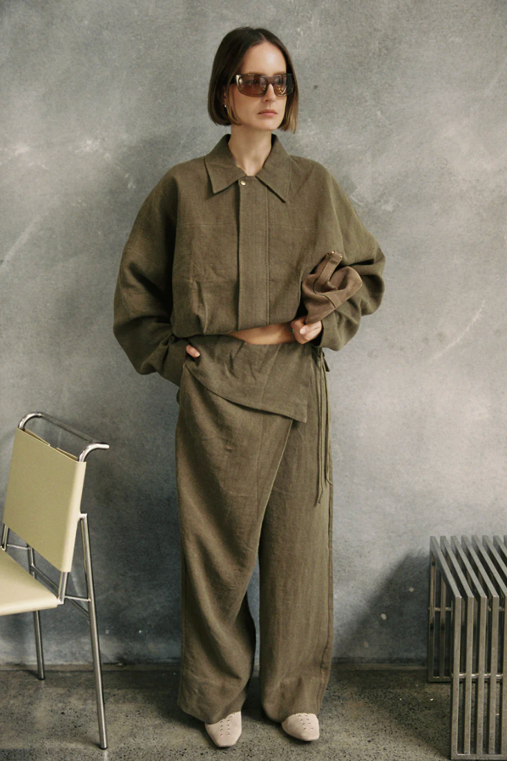 Foldover Linen Pant — Olive