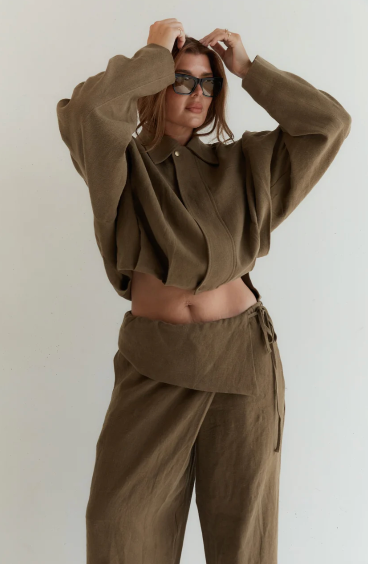 Foldover Linen Pant — Olive
