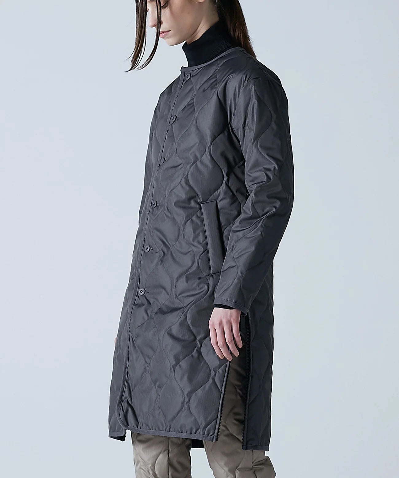 Taion Long Military Crew Neck Quilted Coat - Olive