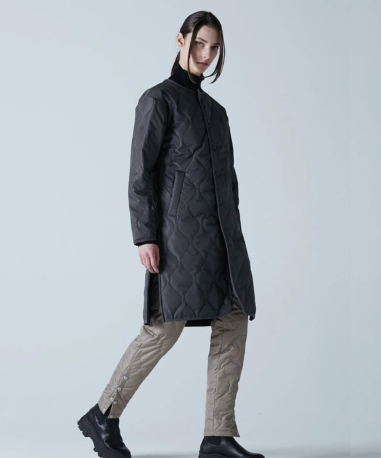 Taion Long Military Crew Neck Quilted Coat - Olive