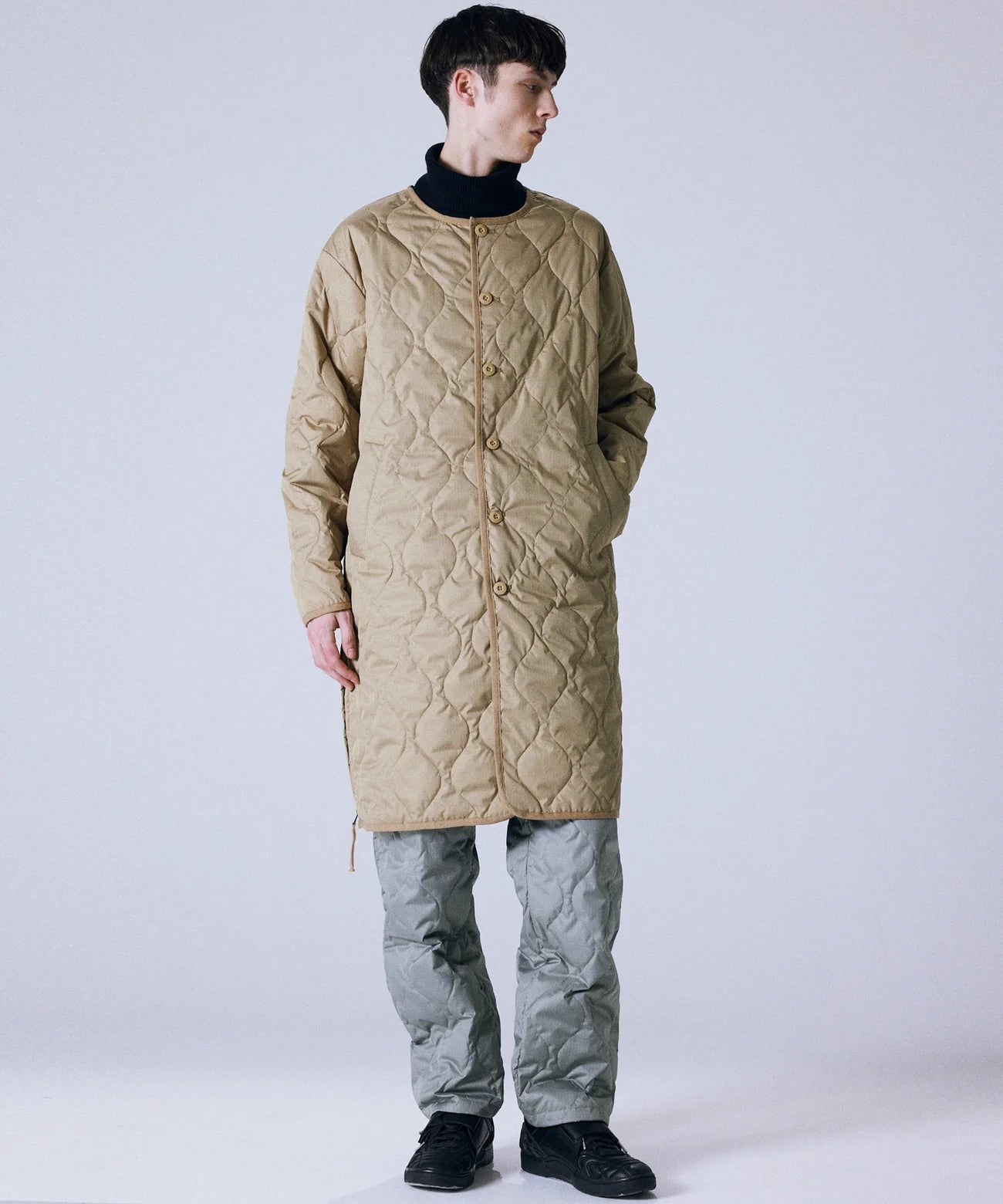 Taion Long Military Crew Neck Quilted Coat - Coyote