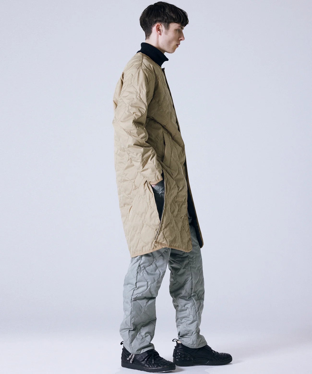 Taion Long Military Crew Neck Quilted Coat - Coyote