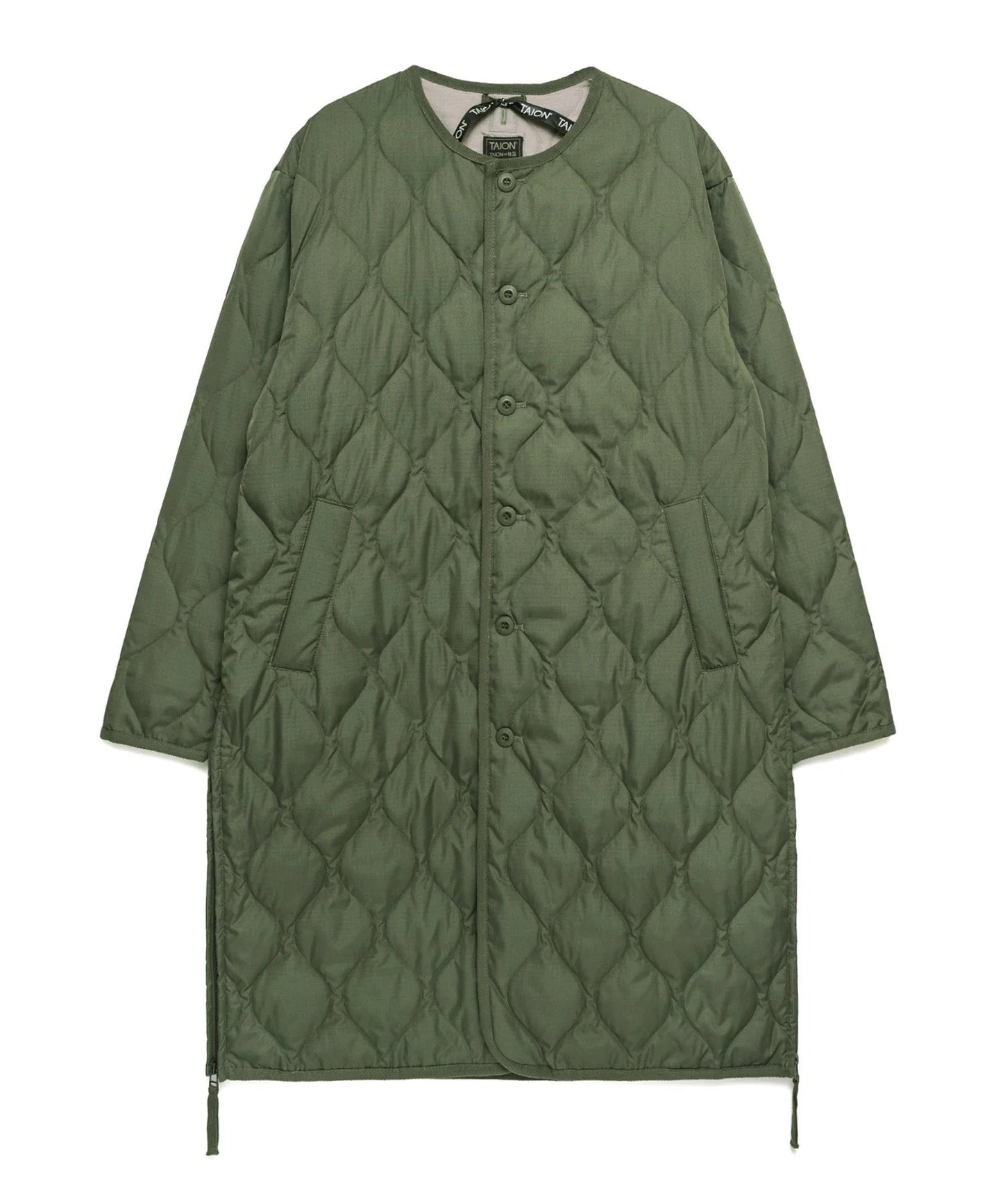 Taion Long Military Crew Neck Quilted Coat - Olive