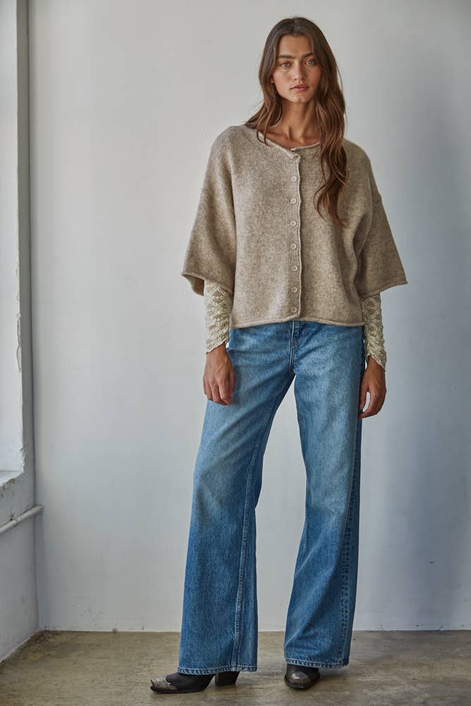 Quarter Sleeve Knit Cardigan — Oatmeal