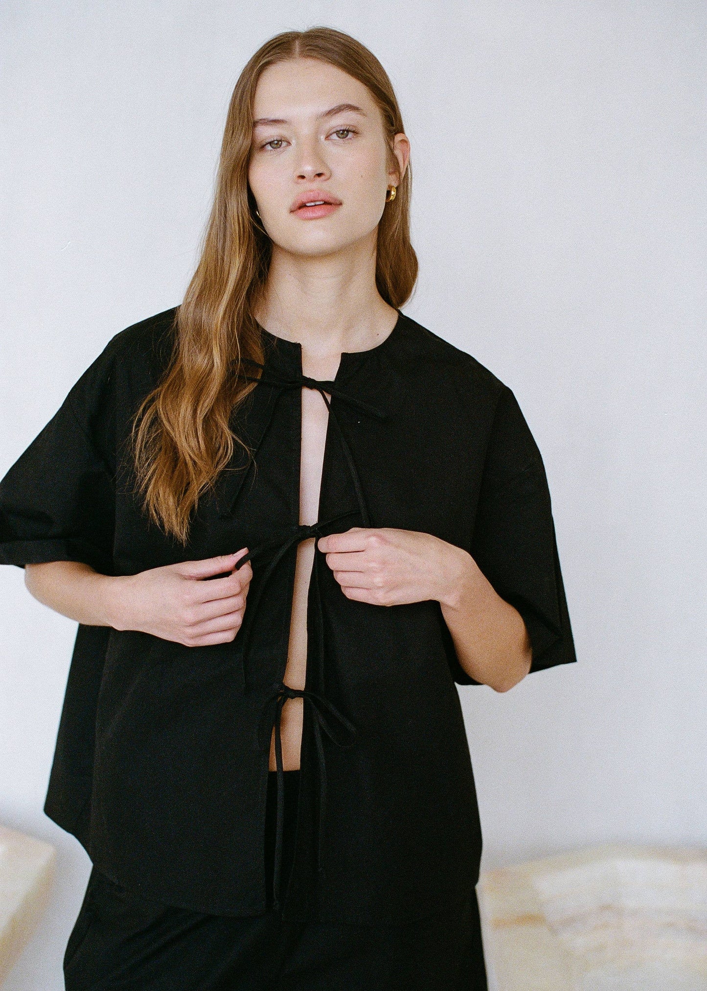 Cotton Poplin Tie Front Top - Black