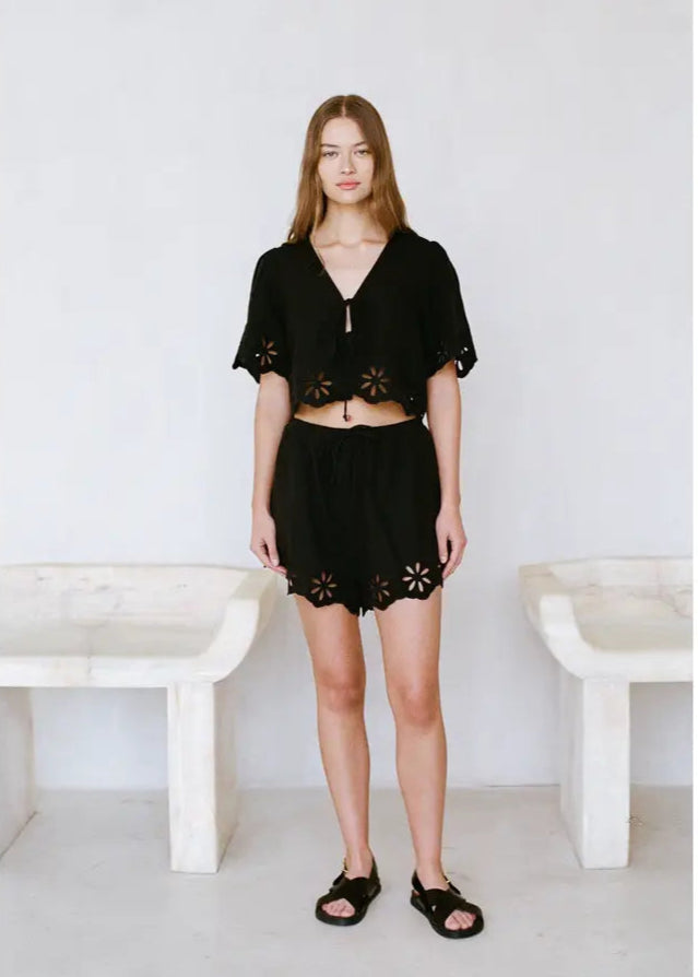 Floral Eyelet Tie Front Top - Black