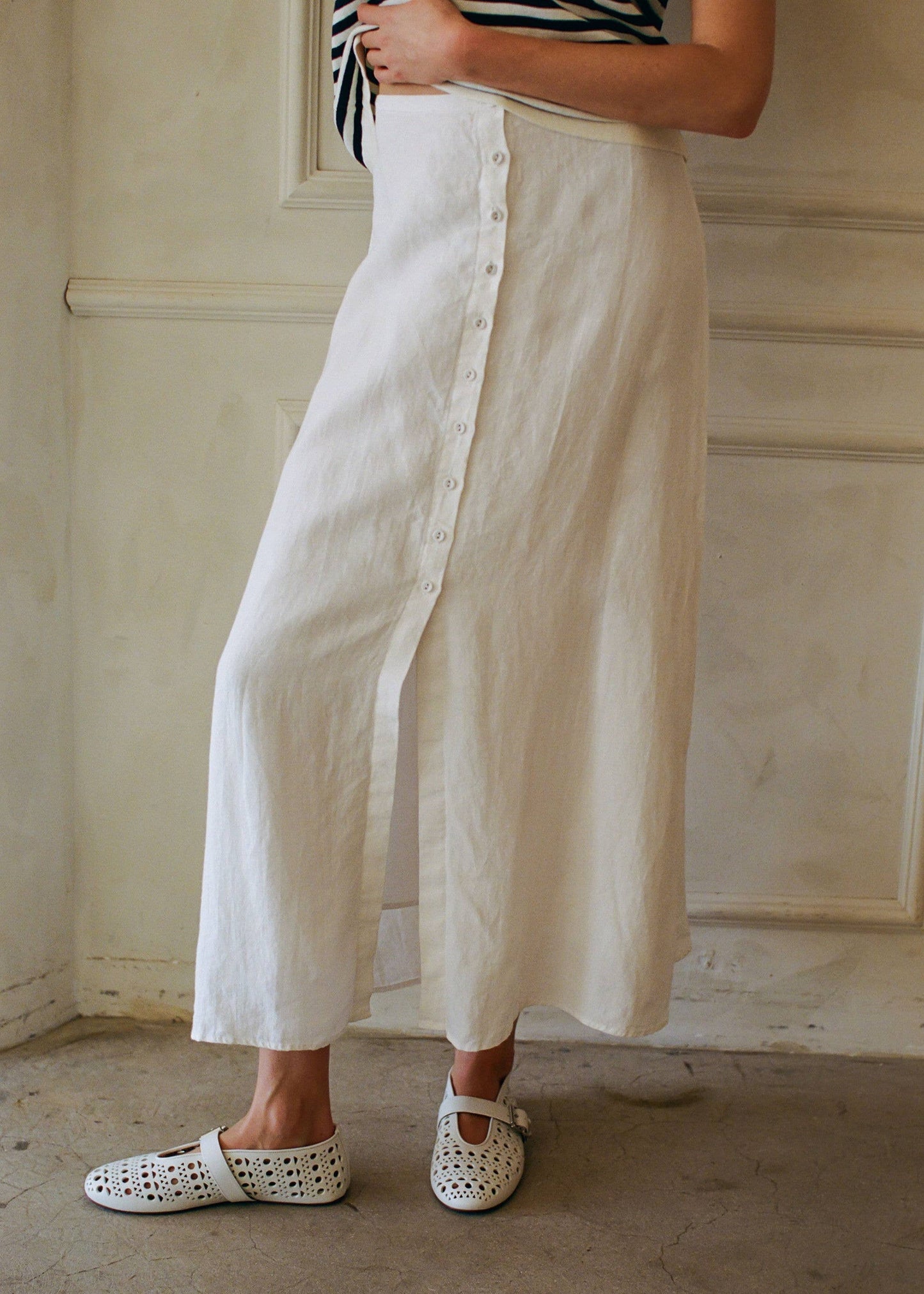 Linen Button Down Midi Skirt - Off White
