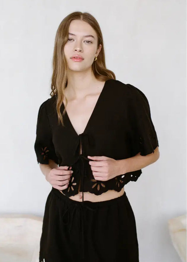 Floral Eyelet Tie Front Top - Black