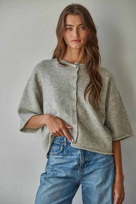 Quarter Sleeve Knit Cardigan — Heather Grey