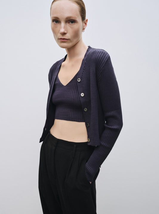 Mijeong Park Ribbed Knit V-Neck Cardigan - Navy - Vincent Park - {{shop.address.city}} {{ shop.address.country }}