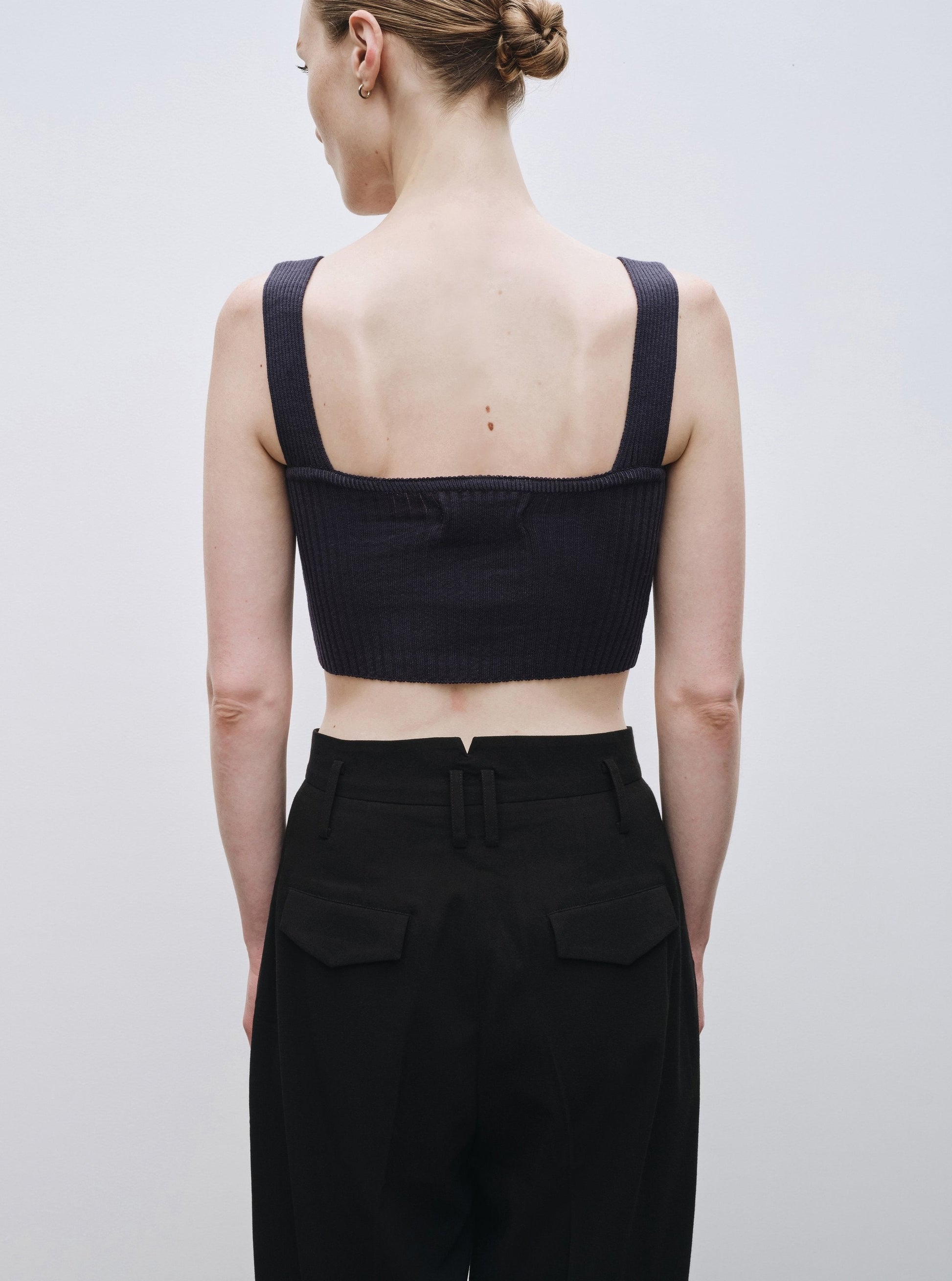 Mijeong Park Ribbed Knit V-Neck Crop Top - Navy - Vincent Park - {{shop.address.city}} {{ shop.address.country }}