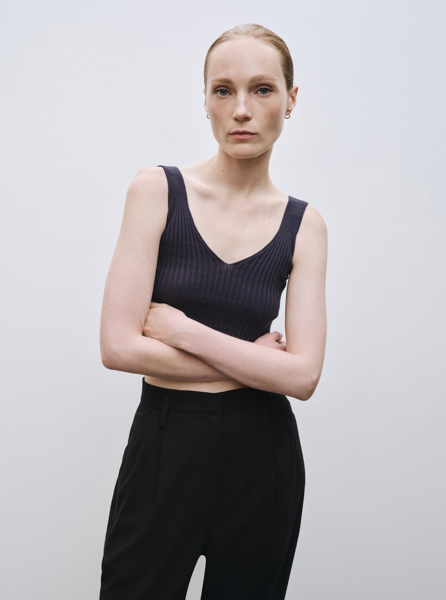 Mijeong Park Ribbed Knit V-Neck Crop Top - Navy - Vincent Park - {{shop.address.city}} {{ shop.address.country }}