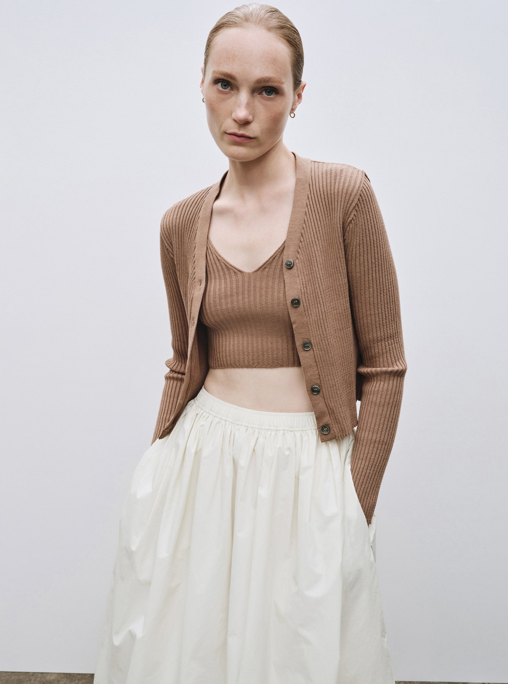 Mijeong Park Ribbed Knit V-Neck Crop Top - Camel - Vincent Park - {{shop.address.city}} {{ shop.address.country }}