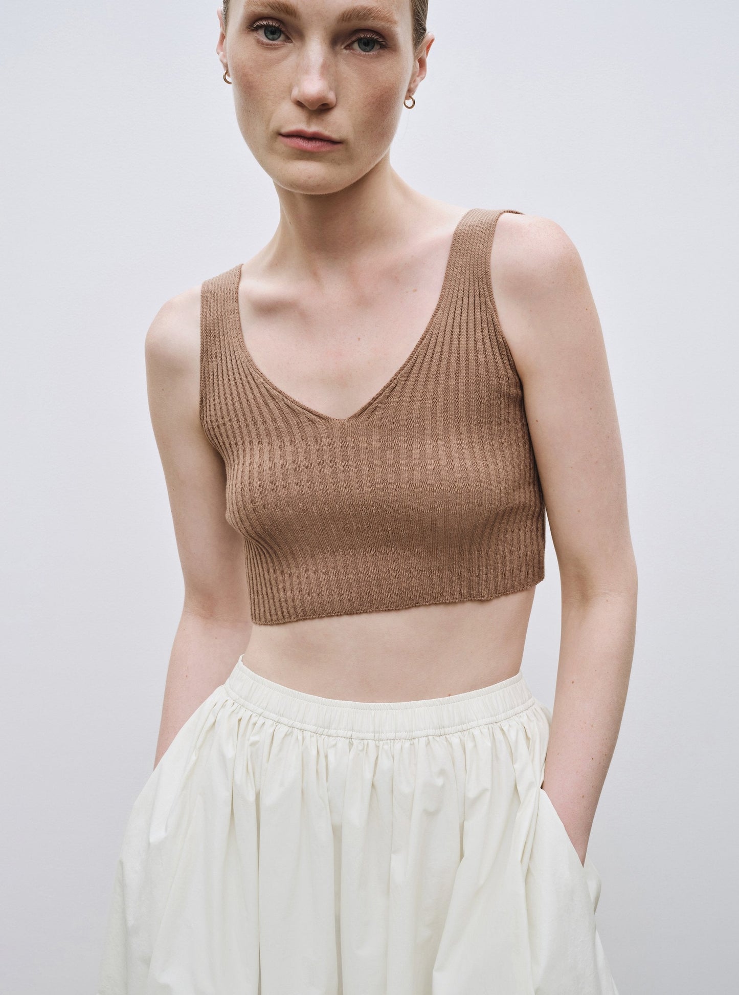 Mijeong Park Ribbed Knit V-Neck Crop Top - Camel - Vincent Park - {{shop.address.city}} {{ shop.address.country }}