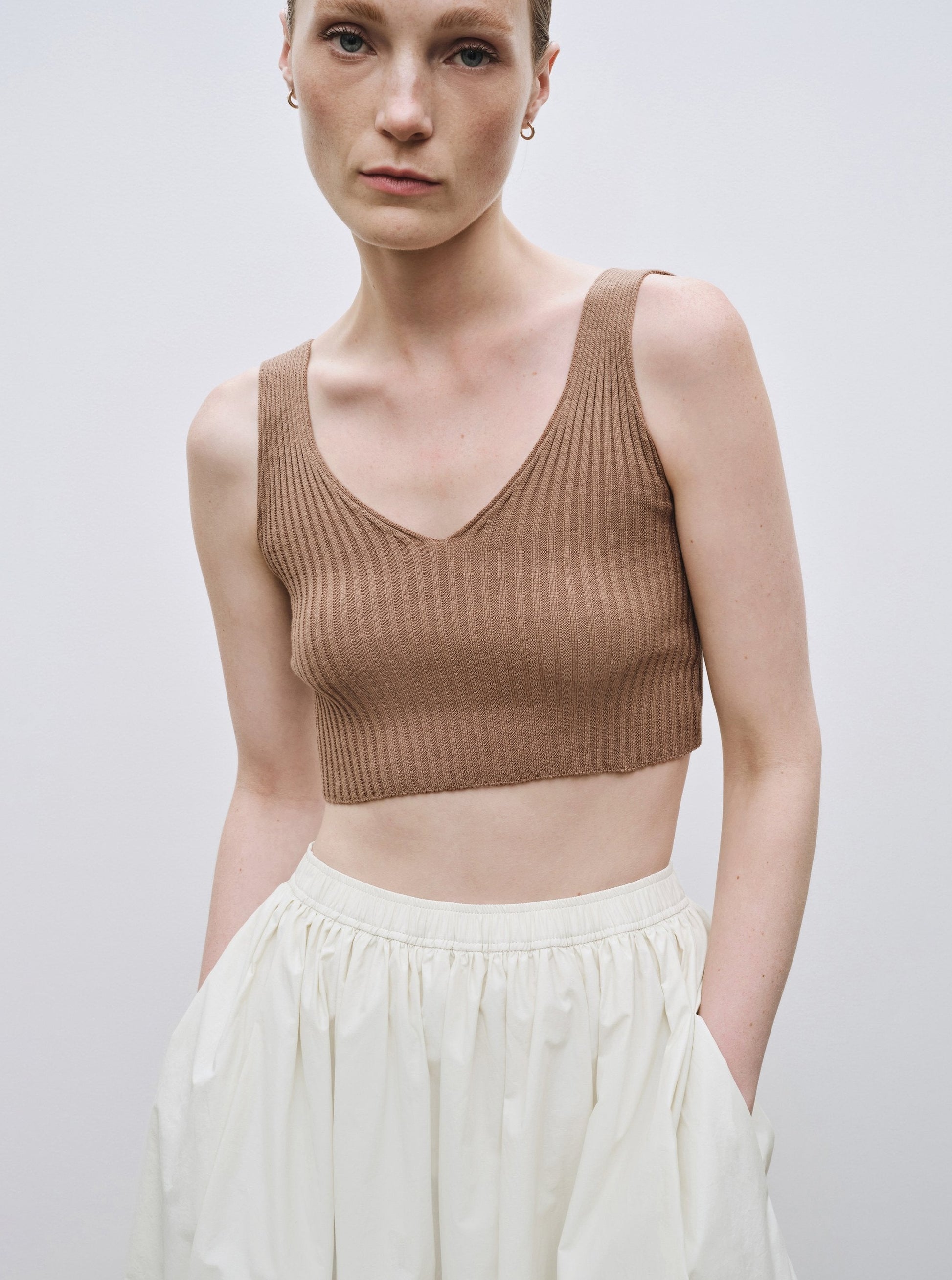 Mijeong Park Ribbed Knit V-Neck Crop Top - Camel - Vincent Park - {{shop.address.city}} {{ shop.address.country }}