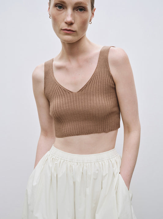Mijeong Park Ribbed Knit V-Neck Crop Top - Camel - Vincent Park - {{shop.address.city}} {{ shop.address.country }}